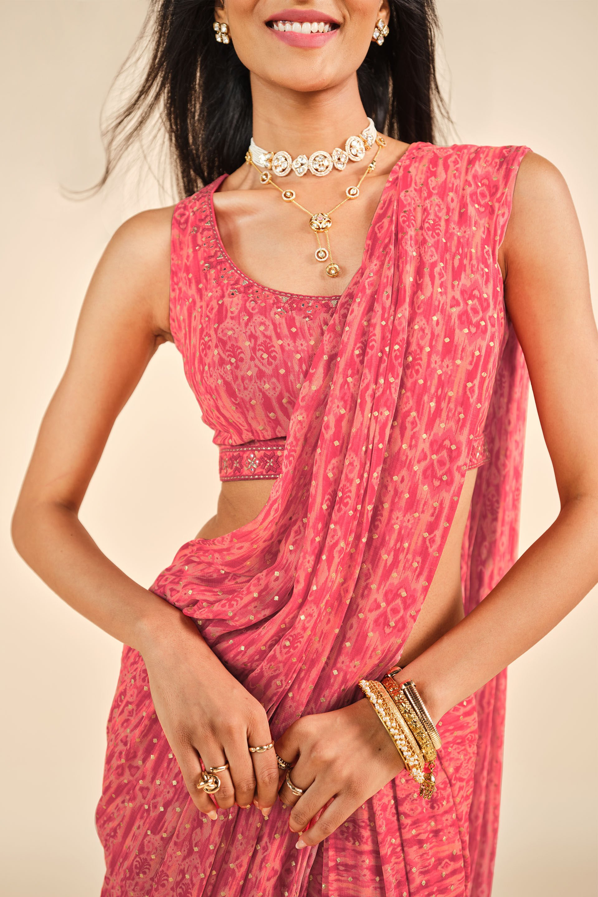Palash Phool Pre-draped Saree, Coral, image 4